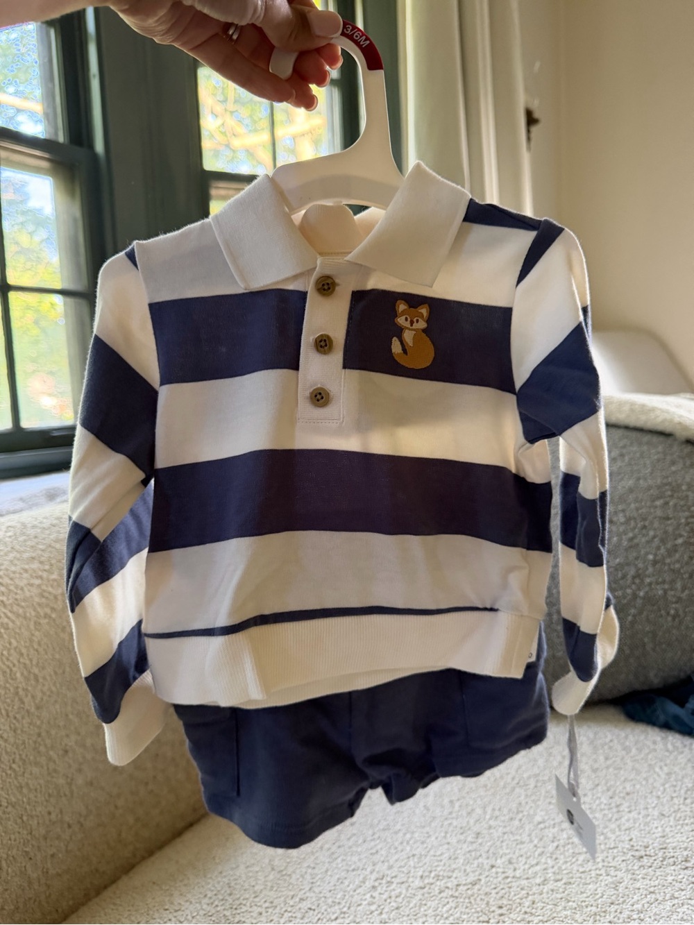 New Baby Boys Navy & White Striped Polo Top with Fox Patch